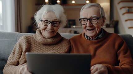 Cute couple of old people sitting on the sofa using laptop together shopping and surfing the net Two mature people wearing eyeglasses in the living room enjoying technology Portrait of : Generative AI