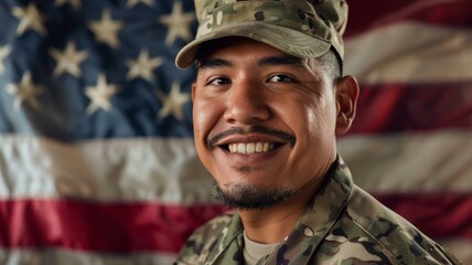 Wall Mural - Smiling soldier in military uniform posing against American flag background for patriotic stock photo shoot