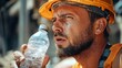 © The Little Hut - Dangerous from heat wave during working outside the building Caucasian male construction worker resting and drinking water from bottle in a very hot day Heat stroke health problem : Generative AI