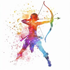 A vibrant watercolor illustration shows a female archer drawing a bow, with colorful splashes on a white background, adding motion and energy.