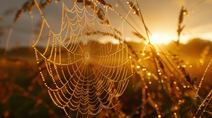 Intricate spider web covered in dew at sunset