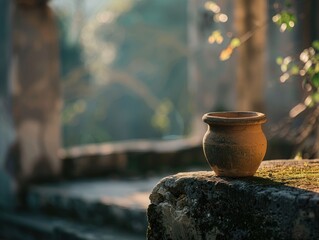 Canvas Print - Rustic ceramic pot in natural outdoor setting