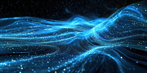 Glowing blue digital waves and particles