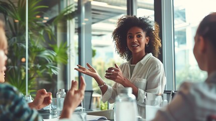 Leinwandbilder - Successful business woman leads a discussion on trending products in a corporate office Female product manager giving a speech in a conference meeting with her business team : Generative AI
