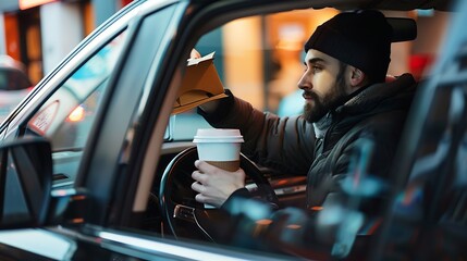 Hand Man in car receiving coffee in drive thru fast food restaurant Staff serving takeaway order for driver in delivery window Drive through and takeaway for buy fast food for protect  : Generative AI