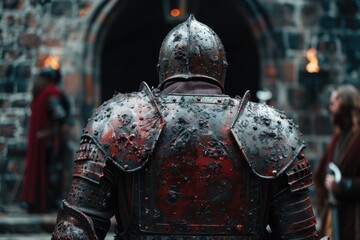 Wall Mural - Armored medieval knight covered in blood and snow