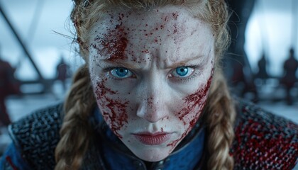 Poster - Intense close-up of a bloodied and bruised woman with piercing blue eyes