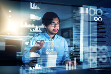 Poster - Asian man, data scientist and programming code in typing for innovation or web research. Computer engineering, tech and cybersecurity in blockchain, overlay or futuristic at night with eating noodles