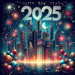 Wall Mural - A vibrant scene celebrating the arrival of the New Year 2025 with bright fireworks and a festive atmosphere.  