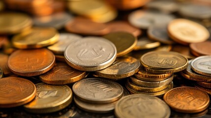 Close up of Golden Coins Pile  Currency  Money  Financial Success  Wealth  Economy  Investment  Business Concept