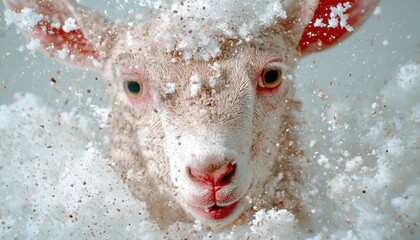 Poster - Closeup of a fluffy white sheep in the snow