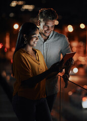 Poster - City, night and business people with teamwork, tablet and planning for project, deadline and New York. Evening, employees or coworkers with tech, digital app or research with cooperation for proposal