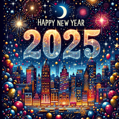 Wall Mural - A vibrant scene celebrating the arrival of the New Year 2025, with bright fireworks and a festive atmosphere. 