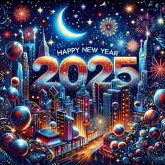 Wall Mural - A vibrant scene celebrating the arrival of the New Year 2025, with bright fireworks and a festive atmosphere. 