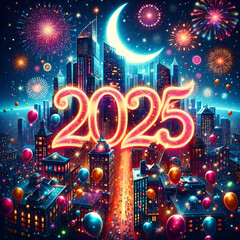 Wall Mural - A vibrant scene celebrating the arrival of the New Year 2025, with bright fireworks and a festive atmosphere. 