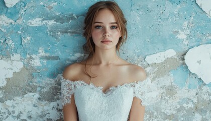 Sticker - beautiful woman in white lace dress posing against blue wall