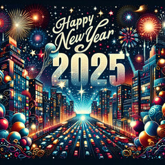 Wall Mural - A vibrant scene celebrating the arrival of the New Year 2025, with bright fireworks and a festive atmosphere. 