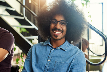 Poster - Creative, happy man and glasses in office for portrait, planning or excited for career development. Designer, smile or team in agency for creativity, project management or pleased with startup growth
