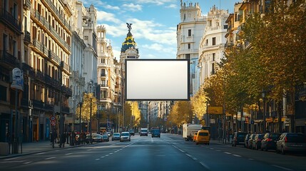 Poster - Blank advertising billboard mockup on a sunny street in madridsurrounded by historic architecture and urban traffic : Generative AI