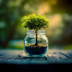 A tree growing inside a glass jar, thriving despite being contained