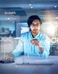 Poster - Asian man, data scientist and portrait with overlay, code or innovation in web research. Computer engineering, technology and market analysis for blockchain, metrics or futuristic network in Malaysia