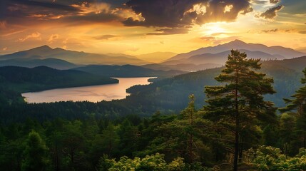 Wall Mural - golden sunset in the forest mountains landscape with dramatic sky lake with tirkiz waterhigh resolut