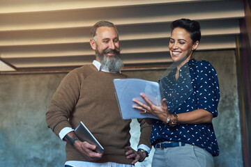 Poster - Happy people, business discussion and meeting with documents for proposal or company report at office. Businessman, woman or employees with smile for policy, review or mission together at workplace