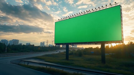 Poster - Big empty billboard with green screen outdoors with highway : Generative AI