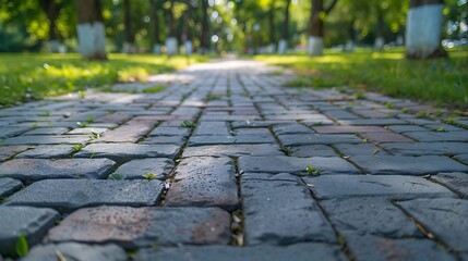 Poster - Laying stones on a walking path Red brick for the path Landscaping the path with cubes of gray and red tiles Closeup of the stone slab that paved the road in the park : Generative AI