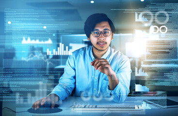 Wall Mural - Asian man, computer engineering and portrait with overlay, code or innovation in web research. Data scientist, technology and market analysis for blockchain, metrics or futuristic network in Malaysia