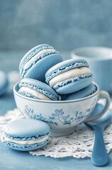 Wall Mural - A photo of blue macarons with white cream filling in a bowl against a light blue background.Minimal creative food concept.Copy space,flat lay  