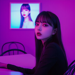 Wall Mural - A purple room with an empty table and chairs features a picture of a K-pop girl idol on the wall.



