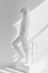 Wall Mural - A blonde woman stands on white chairs in a surreal, minimalistic, high-key all-white room.Minimal creative fashion advertise concept.Copy space