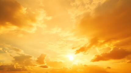 Poster - Golden Sky Sunset Cloud sky background in Evening gold Sky Hour with Romantic Orange Yellow Warm Sun Light Summer season Horizon landscape sundown : Generative AI