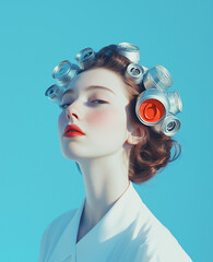 Wall Mural - A woman with her hair in curlers made from cans.Minimal creative fashion and drink concept. 