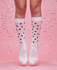 Wall Mural - White socks with a black heart pattern are worn on a woman's legs against a pink background, with glitter falling from above, creating a bright and playful style  for advertising  fashion photography