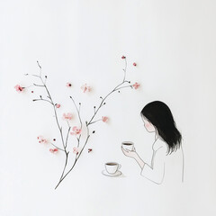 Wall Mural - A cute cartoon girl holding flowers next to a coffee cup, in doodle style, , surrounded by pink petals, on a white background.