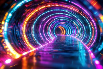 Poster - Colorful Neon Lights Tunnel with Reflective Floor