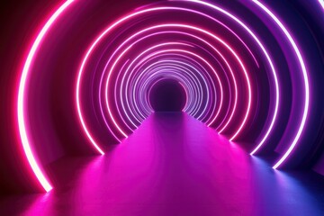 Poster - Purple and White Neon Circular Tunnel with Reflective Floor