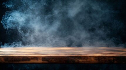 Fototapete - empty wooden table with smoke float up on dark background Empty Space for display your products : Generative AI