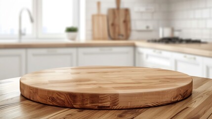 Wall Mural - Empty beautiful round wood tabletop counter on interior in clean and bright kitchen  background Ready for display Banner for product montage : Generative AI