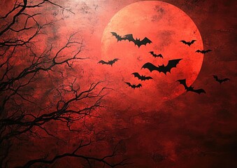 Fantasy Halloween backdrop featuring a red moon and flying bats