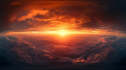 Poster - Golden glowing red orange overcast sunset sky panorama Hdr seamless spherical equirectangular 360 panorama Sky dome or zenith for 3D visualization and sky replacement for aerial drone  : Generative AI