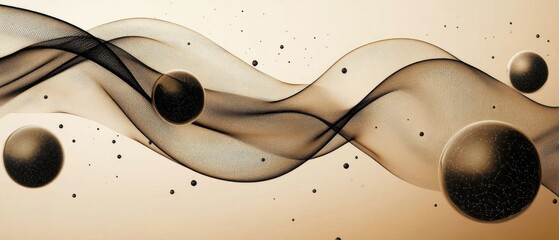 Poster - Abstract brown background illustration featuring energy waves with spherical black webs interconnected and flowing forward