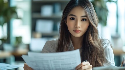 Poster - Asian financial woman working inside office with documents papers behind paperwork serious businesswoman looking financial reports at workplace  confident successful female accountant : Generative AI