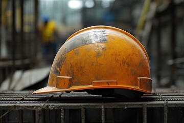 Poster - Worn Orange Construction Hard Hat Resting on Rebar