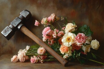 Wall Mural - A Rustic Still Life with a Hammer and a Bouquet of Pink and White Roses