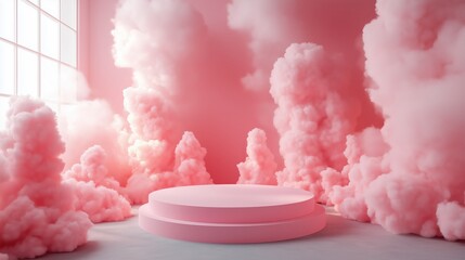 Poster - A pink podium surrounded by clouds of cotton candy, creating an atmosphere reminiscent of the sky in pastel tones
