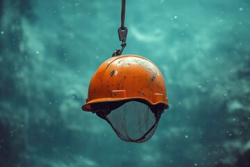 Wall Mural - An Orange Hard Hat Hanging by a Rope in Front of a Teal Sky