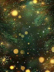 Poster - 2D cartoon illustration of Christmas and New Year theme featuring fir tree branches framing a blurred background adorned with stars snowflakes and bokeh effects